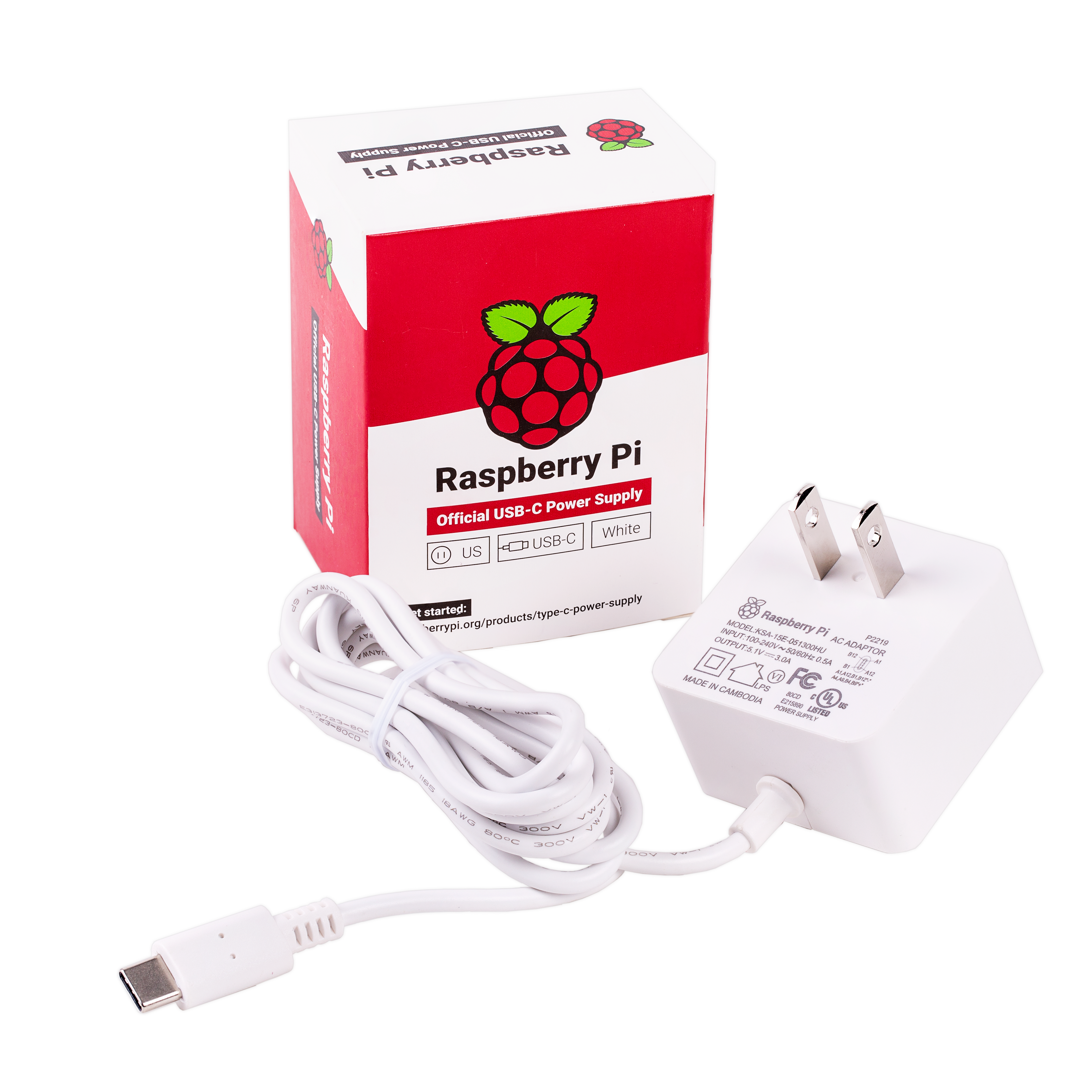 Adaptateur secteur Raspberry Pi 5,1V/3A USB-C (US, blanc) - OKdo