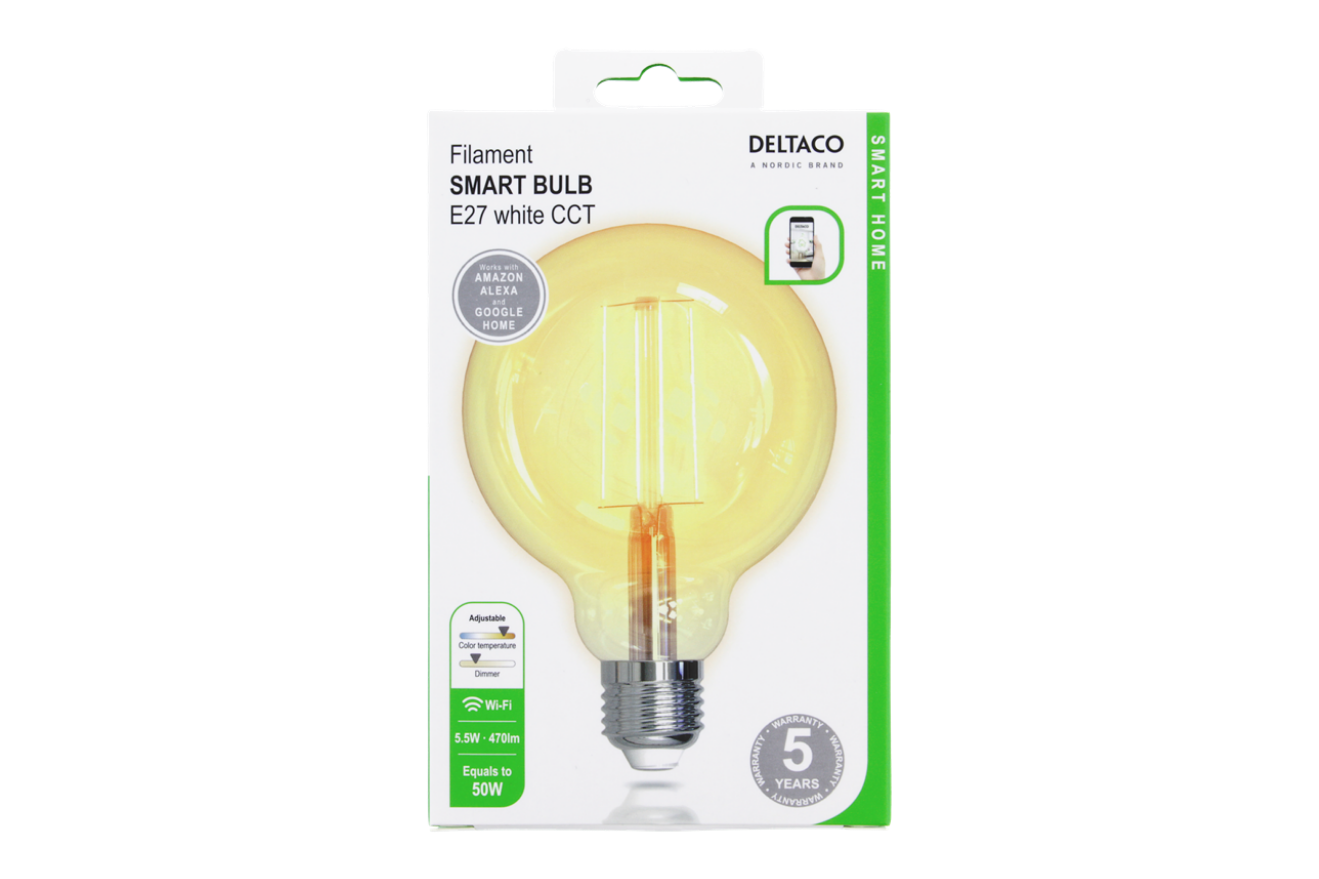 DELTACO Smart Bulb E27 LED Bulb 5.5W 470lm G95 WiFi - Dimmable White LED  Lamp - OKdo