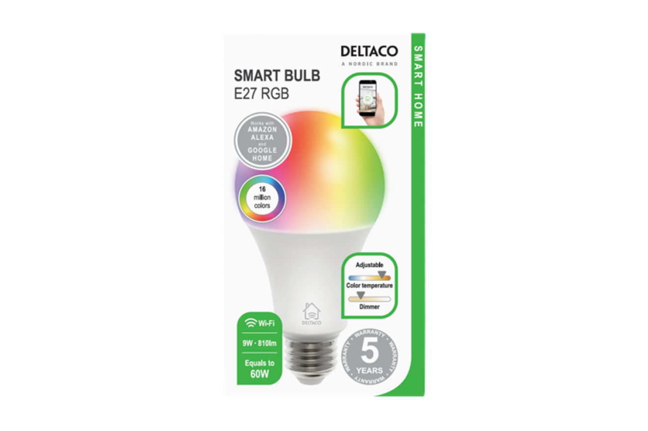DELTACO Smart Bulb E27 Bulb 9W 810lm WiFi Dimmable White & RGB Light - OKdo